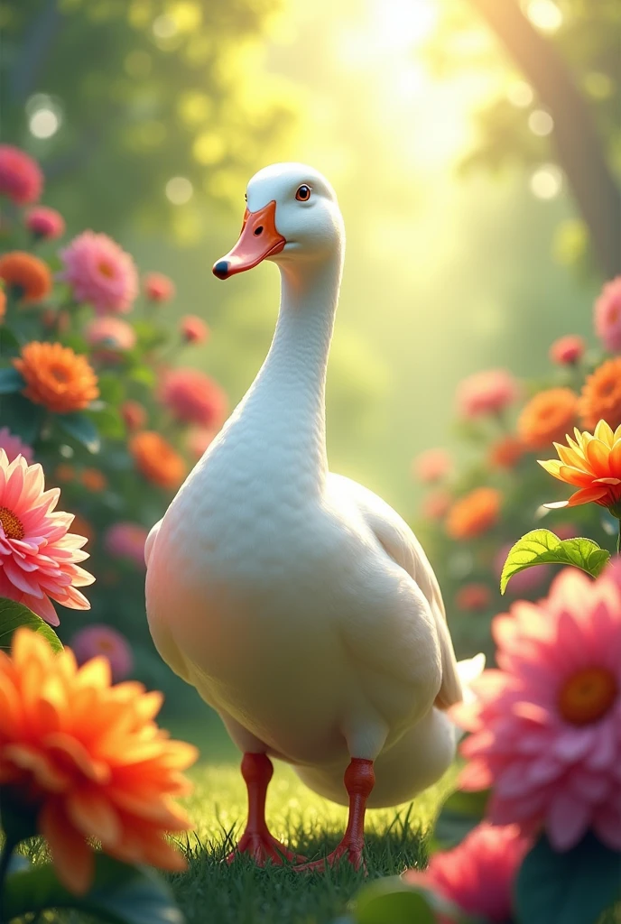 Female duck, flower garden