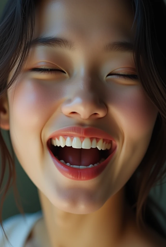 Vietnamese woman, natural face, full lips, close eyes, wide open mouth, show tooth, closeup