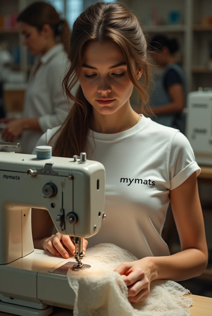 A hyper-realistic image of a beautiful young woman of Slavic appearance, sitting at a sewing machine in a bustling sewing workshop. She is wearing a T-shirt with the word "MYMATS" printed on the front. The woman is focused as she works on stitching eco-leather, creating a diamond quilted pattern. The sewing machine she is using is also branded with the word "MYMATS," prominently displayed on its body. In the background, other seamstresses are also busy at their sewing machines, but the background is softly blurred to keep the focus on the main subject. The workshop is well-lit, highlighting the precision and care with which she handles the eco-leather, and emphasizing the detailed craftsmanship of the diamond pattern she is sewing.