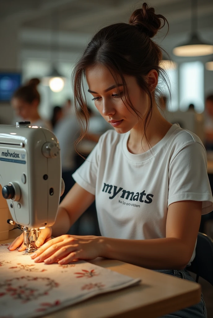 A hyper-realistic image of a beautiful young woman of Slavic appearance, sitting at a sewing machine in a bustling sewing workshop. She is wearing a T-shirt with the word "MYMATS" printed on the front. The woman is focused as she works on stitching eco-leather, creating a diamond quilted pattern. The sewing machine she is using is also branded with the word "MYMATS," prominently displayed on its body. In the background, other seamstresses are also busy at their sewing machines, but the background is softly blurred to keep the focus on the main subject. The workshop is well-lit, highlighting the precision and care with which she handles the eco-leather, and emphasizing the detailed craftsmanship of the diamond pattern she is sewing.