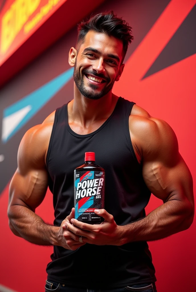 Create a promotional image for the power horse gel product on Instagram, with the product appearing, a man holding the product 