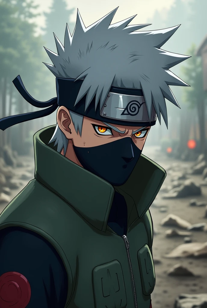 Kakashi hatake in battleground , angry mood ,half photo , one eye sharingan, white hair , realistic