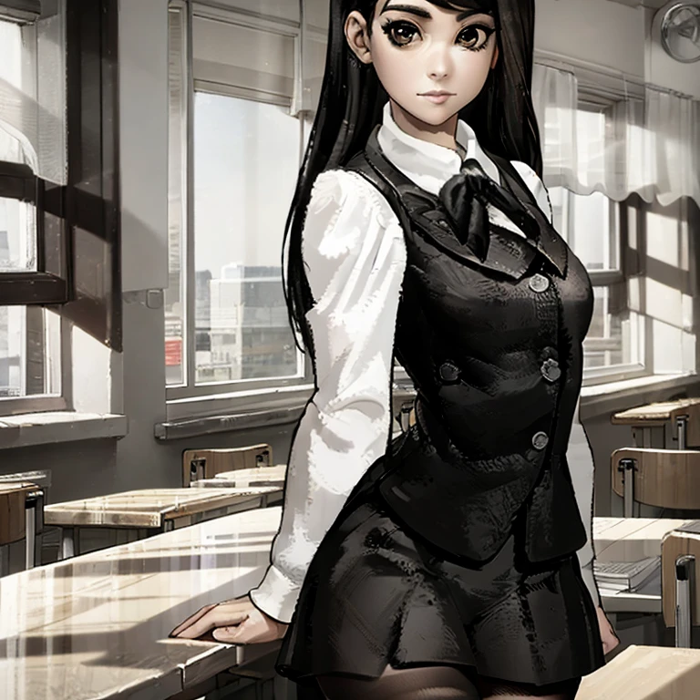 masterpiece, high quality, girl in school skirt and white tights, beautiful figure, slender legs, thin waist, black hair, shirt & vest, stands in the classroom, sexy legs, bulging big breasts, girl lifts her skirt to her panties