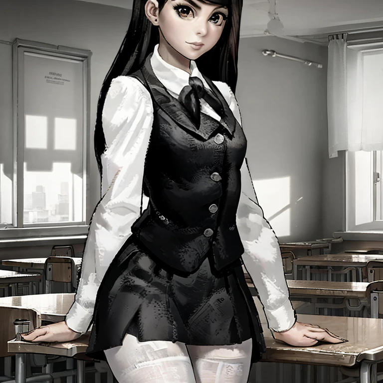 1 girl, beautiful young woman, long black hair, twintails, blue blazer uniform, necktie, tight skirt, knee socks, standing in Anatomi club room, gazing at viewer, Sweet expression, human body drawings on blackboard, (best qualityer,4K,8k,high resolution,work of art:1.2),ultra detali,(realisitic,photorealisitic,photo-realisitic:1.37),Anatomi,scientific,precise,hyper-realisitic,details Intricate,bright coloured,cinematic lighting,volumetric lighting,Depth of field,photo-realisitic rendering