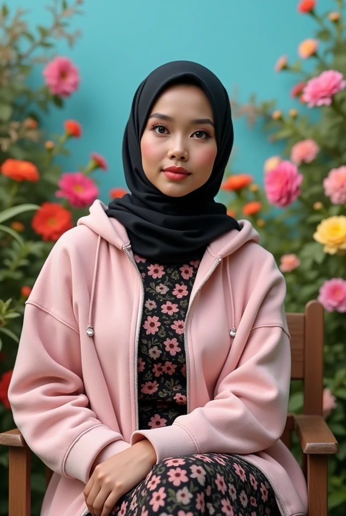 (Masterpiece), (high detail), beautifull indonesian woment, bold make up, soft pink hoodie jacket , black pattern hijab, big brast, sitting on the wood chair inibflowers garden, flowers on the baground, blue skh, real photograpy,  upper body, relaxe photo, realistic, 5D, 8K