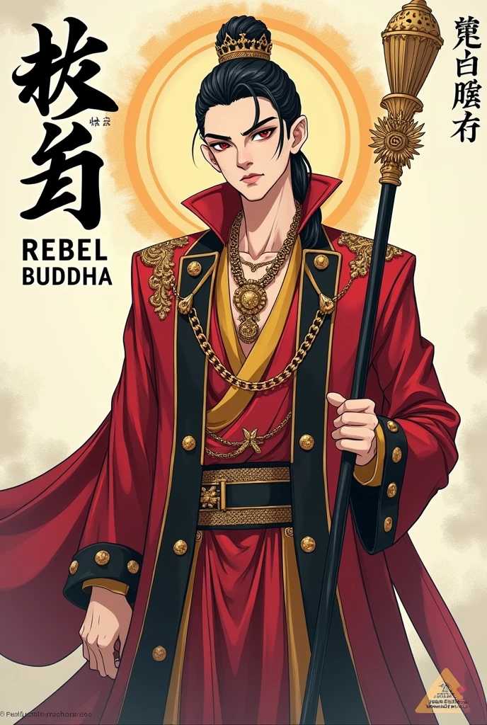 'Rebel Buddh', cover sayimg Rebel Buddha, Text saying " Rebel Buddha", Title saying "Rebel Buddha", Buddha,teenage adult, majestic, luxurious clothing, rebellious, cheeky, smart, staff, anime, novel cover