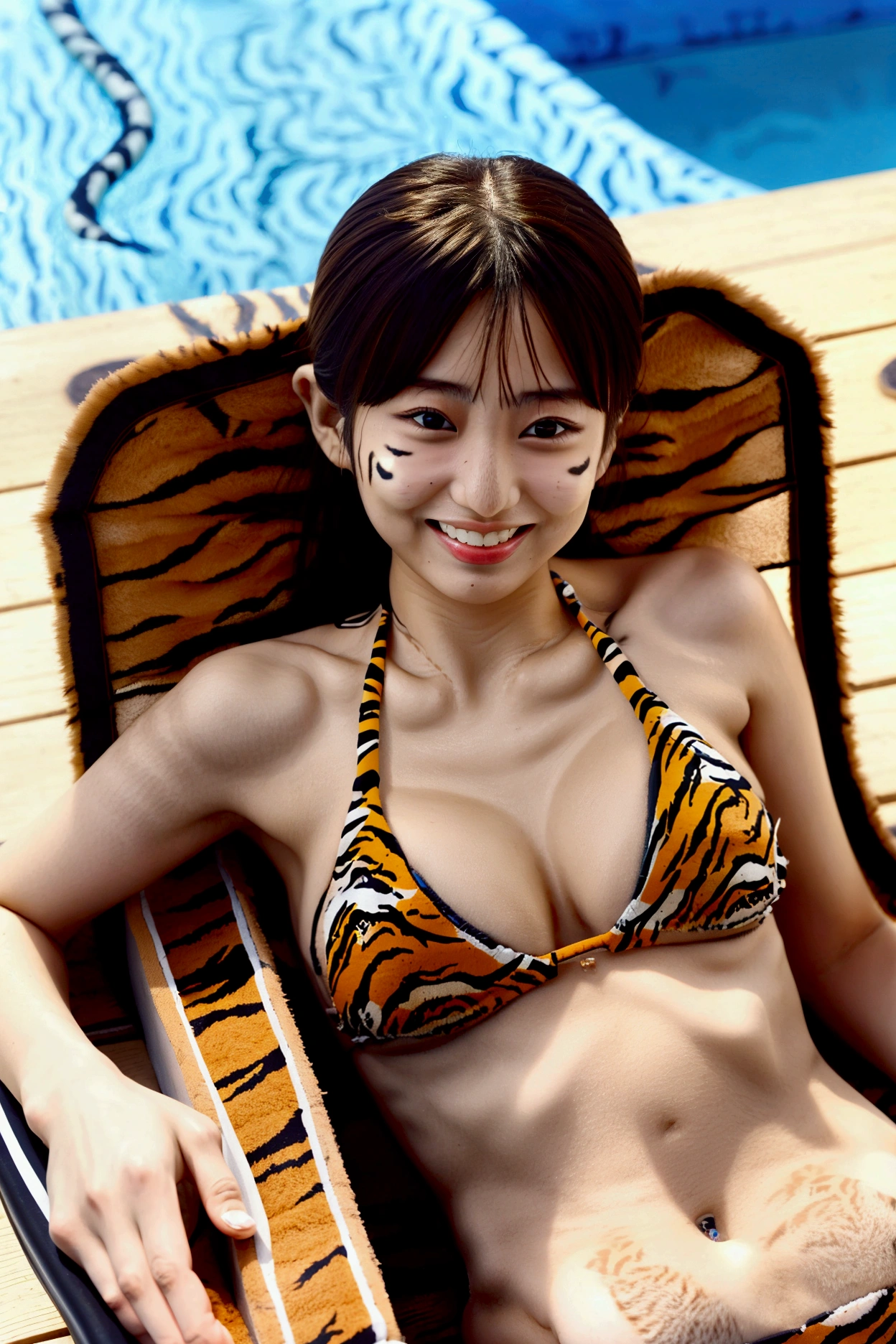 (((A very cute face like a top Japanese idol)))、Small face、A 20-year-old woman who looks young.、Smiling Kindly、(((Tiger print bikini)))、((whole body))、Poolside、Lying in a recliner、Sunbathing、Natural light、Highest quality