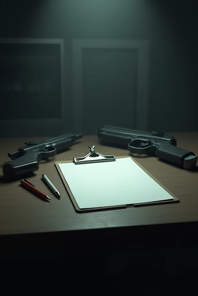 Blank clipboard on a table with pens and a gun next to it
