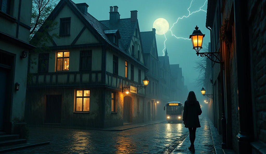 symmetrical image, rule of thirds, old europe street, midnight, small hostel building, two floors, mossy, poor street, cat, text says "HOSTEL BAIRON", hostel sandwitched beetween two high buildings, old london style, light rain, light lightning, moon, megapolis blurred lights on background, tourist bus driving away, girl standing close on right silloutte