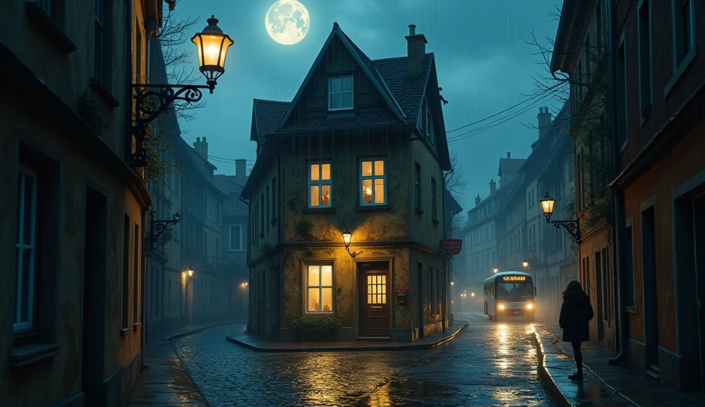 symmetrical image, rule of thirds, old europe street, midnight, small hostel building, two floors, mossy, poor street, cat, text says "HOSTEL BAIRON", hostel sandwitched beetween two high buildings, old london style, light rain, light lightning, moon, megapolis blurred lights on background, tourist bus driving away, girl standing close on right silloutte