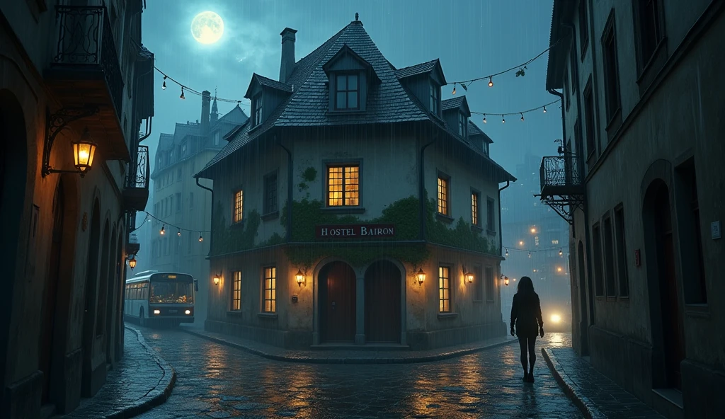 symmetrical image, rule of thirds, old europe street, midnight, small hostel building, two floors, mossy, poor street, cat, text says "HOSTEL BAIRON", hostel sandwitched beetween two high buildings, old london style, light rain, light lightning, moon, megapolis blurred lights on background, tourist bus driving away, girl standing close on right silloutte