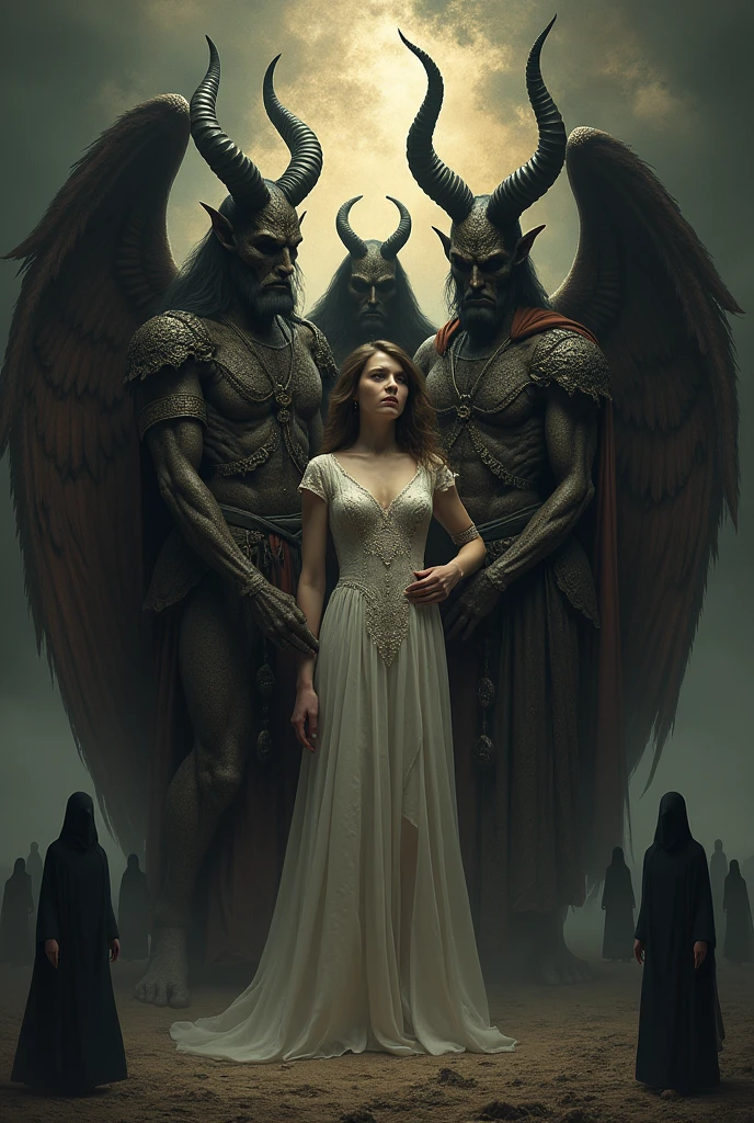 In the middle is a barefoot beauty dressed in white，There is a bright full moon overhead，It's surrounded by demons and monsters，Dark environment，shadowing，