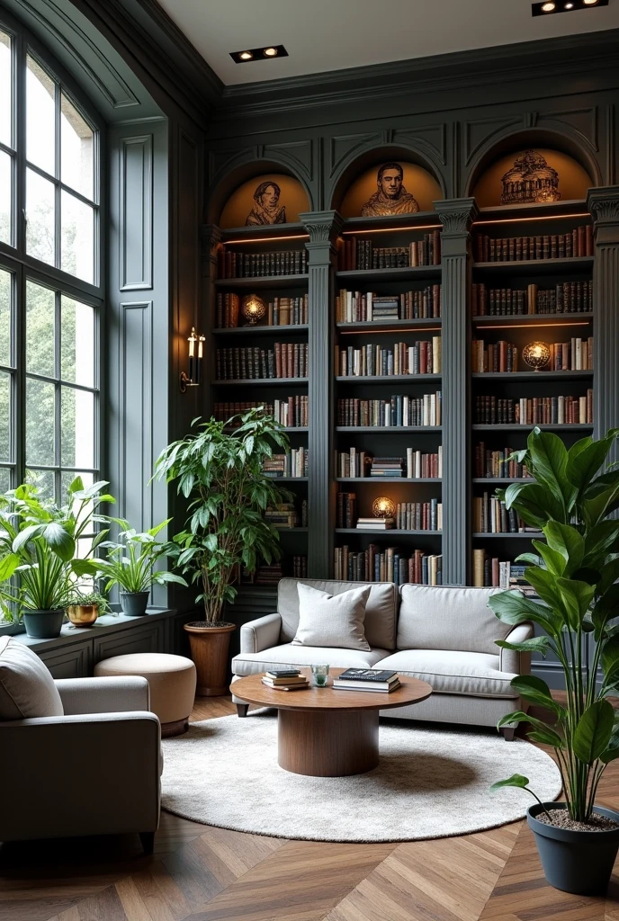 Make a library room in a house. With a grey theme lots of windows and plants 