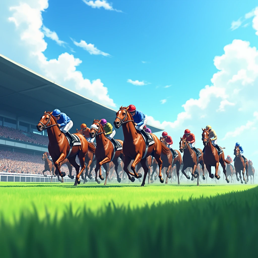 Tokyo Racecourse,Sunny,blue sky,12 horses in the race,The goal scene,Turf,A lot of people are watching,A lot of people,Running through the finish line,1 2 3 moves,Screen from the side,(Close-up),Detailed Images,,(Highest quality,High resolution,Masterpiece,８K,16K),Looking at the spectators from the arena,There is one seat for spectators.,Detailed digital art,