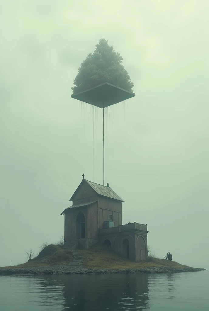 One structure is floating above another, The first one is kept floating by the thread that the island below has. The floating structure means all the virtues and qualities of the structure, a nice structure and on the other hand the structure below represents what it really is, a faded structure, without grace or character and sad.