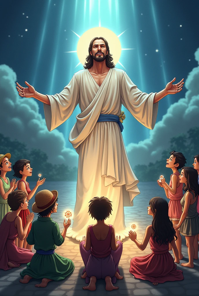Luffy, Nami, Zoro, Sanji, Usopp, Nico Robin, Chopper, Jinbe, Frankie y Brooke (Ome Piece) adorando a Jesucristo