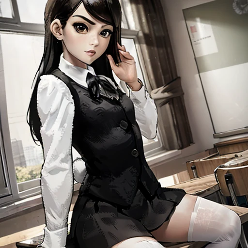 masterpiece, high quality, girl in school skirt and white tights, beautiful figure, slender legs, thin waist, black hair, shirt & vest, stands in the classroom,Polina Tiny bunny