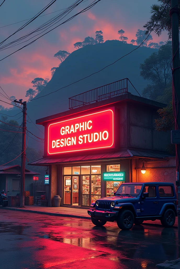 Big
Graphic design studio, Indian city street with studio, LED name board, JEEP parking in front it
,with grenaey hill background, orange evening sky rainy water on road anime in India