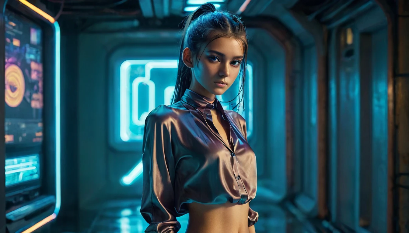 naked, nude, Top Quality, Masterpiece, High Resolution, 8k, (((cute skinny barely legal girl in oversized silky blouse and wetlook leggings, bare belly, wide neckline, deep neckline, small perky breasts, beautiful detailed eyes, beautiful detailed lips, small closed mouth, extremely detailed face, long ponytail hair, small hips)), cyberpunk apartment, moody atmosphere, dramatic and neon colors, futuristic setting, intricate details, at night, full body shot, view from afar