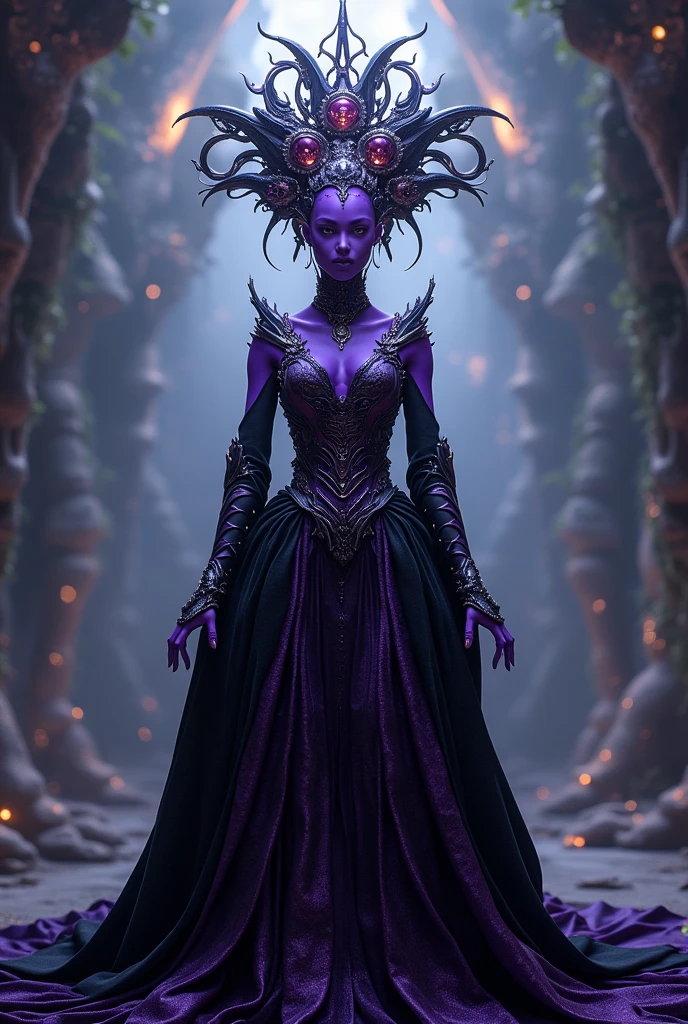 Alien queen, her skin is purple she’s wearing a gown dress purple and black, and wears a bizarre high tech crown. 8k,