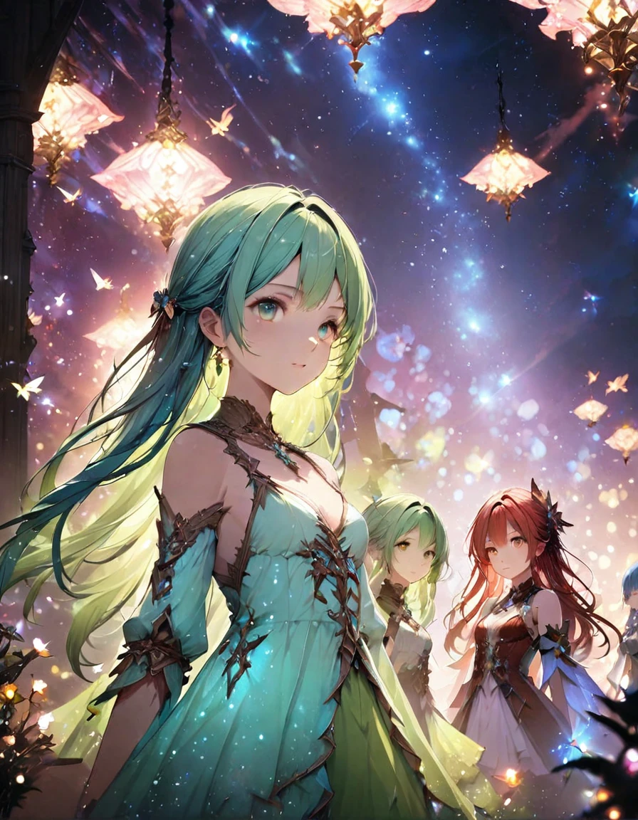 Highest quality、masterpiece、Very detailed、Finely detailed、High resolution、8k wallpaper、Fine and beautiful eyes、Three Girls（Red Haired Girl、Blue Hair Girl、Green-haired girl）、Fantasy、Countless firefly-like lights are flying