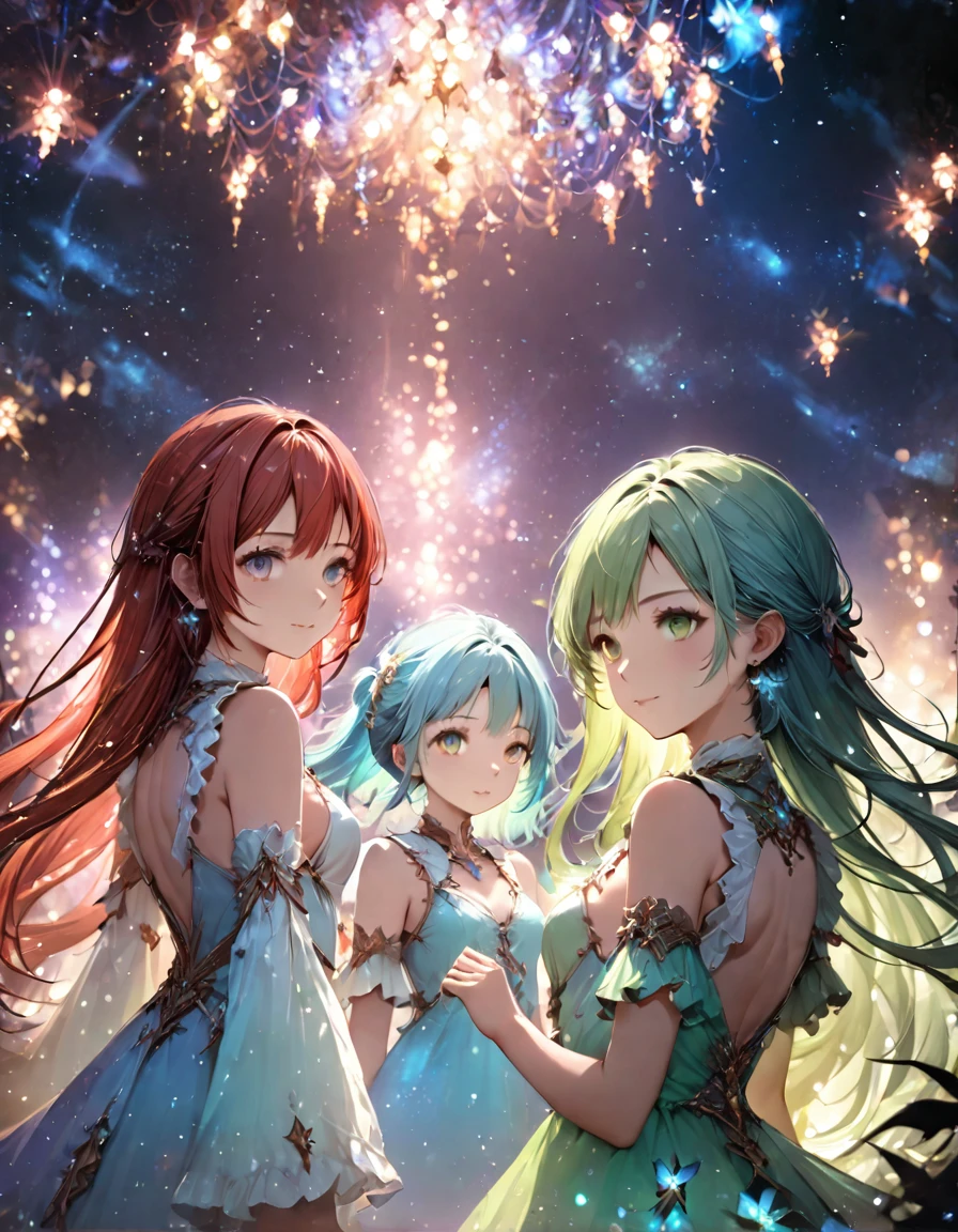 Highest quality、masterpiece、Very detailed、Finely detailed、High resolution、8k wallpaper、Fine and beautiful eyes、Three Girls(Red Haired Girl、Blue Hair Girl、Green-haired girl)、Fantasy、Countless firefly-like lights are flying