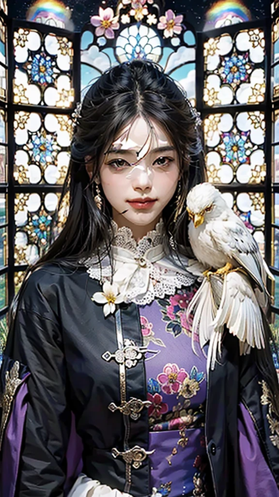 masterpiece, best quality, ultra detailed, insanely detailed, exquisite, beautiful, 8K,肩に白い鳥
, happy, field of flowers, sky, smiling, laughing, in the field of flowers, in the flower garden, in the clouds, with a full moon, with a rainbow, blue sky and shining lights, with a flower, with a castle, beautiful, fantasy, intense closeup shot, on right