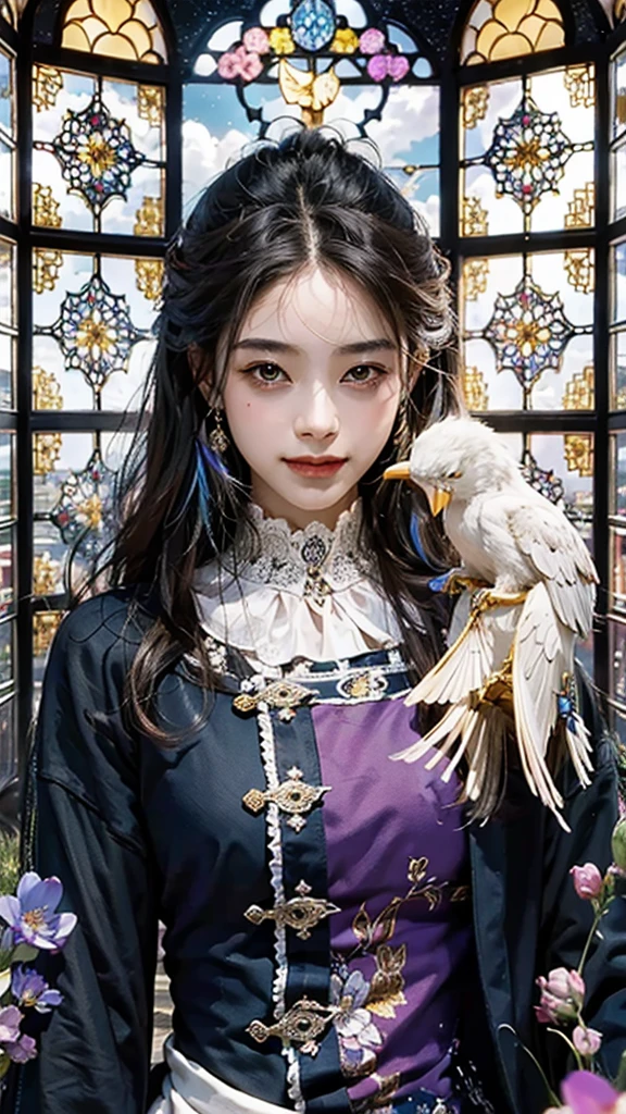 masterpiece, best quality, ultra detailed, insanely detailed, exquisite, beautiful, 8K,肩に白い鳥
, happy, field of flowers, sky, smiling, laughing, in the field of flowers, in the flower garden, in the clouds, with a full moon, with a rainbow, blue sky and shining lights, with a flower, with a castle, beautiful, fantasy, intense closeup shot, on right