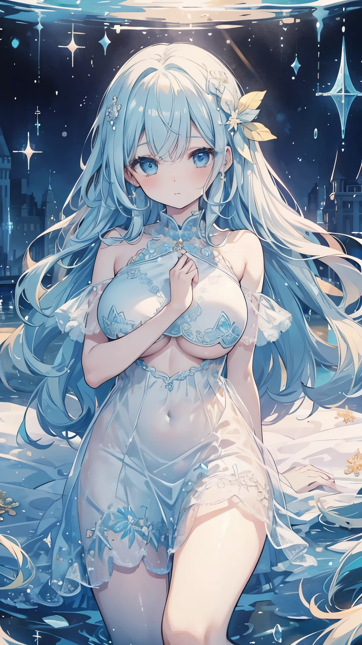 nsfw,Bare breasts,(Downview),Dynamic Angle,Ultra-detailed, Illustration, close-up, straight on, 1girll, (Fantasy:1.4), (Azure Blue Eyes:1.233),Her eyes shone like dreamy stars,(Glowing eyes:1.233),(Beautiful and detailed eyes:1.1),(Silver hair:1.14),(hair messy,Very long hair,french braids,hair between eye,side locks), (+(bule hair flower:1.14)),(Chiffon dress,bule flower pattern in uniform)/=(Army Suit:1.24),(Detached sleeves,Wide sleeves),(Fingerless gloves),choker necklace,(miko thighhighs),high heels boots,(deadpan,Closed mouth),(Standing), (Classic princess boudoir with dressing table and floor-to-ceiling windows in white ancient palace),(white blossoms,full bloom),(abyssal),(flowingwater),(a dull blue world tree:1.14),(Burst),(Night:1.2),Dreamy,souls,(fluorescent),(flying translucent blue butterflies:1.15), [[Delicate fingers and hands:0.55]::0.85],(Detail fingers),(yubao:0.5),