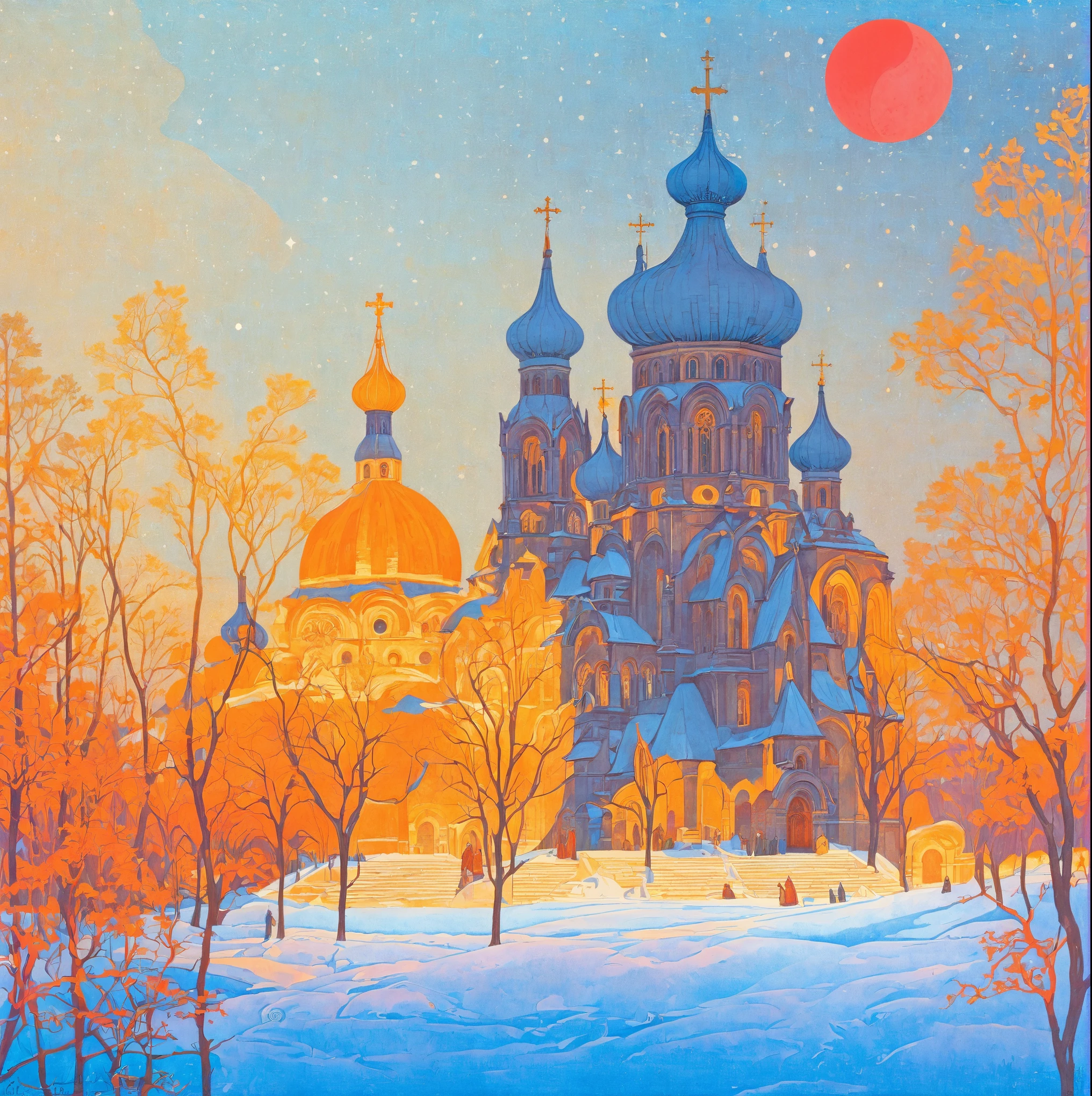A picture of a church under the red moon, Ivan Bilibin (Ivan Bilibin) of inspiration, slav epic, Inspired by Igor Grabar (Igor Grabar), cathedral of the sun, inspired by Yuri Ivanovich Pimenov, beeple and alphonse mucha, Alexander Deneca, inspired Alexander Deneca, 受到 Andrey Esionov of inspiration