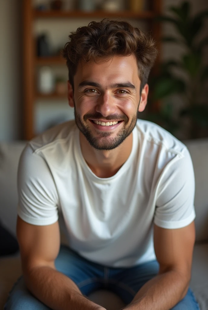 Profile photo for a social network of a young 2 Canarian man. The young man is sitting on the sofa