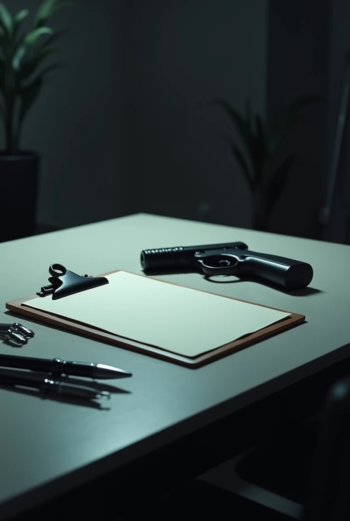 Blank clipboard on a table with pens and a next to it