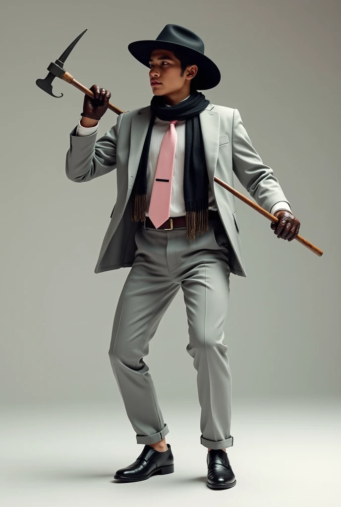 Young indigenous man dancing in a light grey suit, black hat with lead trim, baby pink tie, White shirt, and black scarf, black shoes and leather gloves. With a ratchet in hand