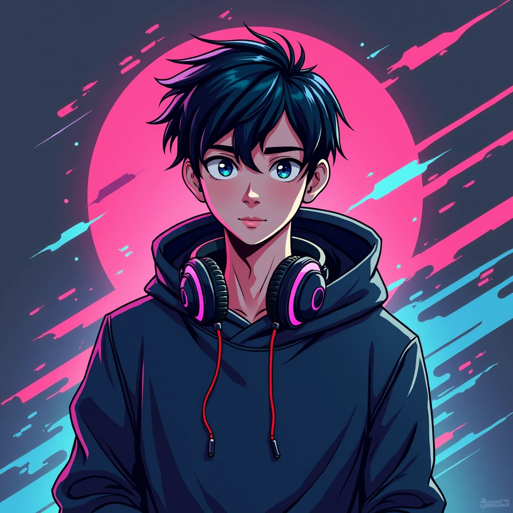 "Create a gamer-themed 1280×720 logo featuring a young male dark-haired character. The character should be wearing a stylish sweatshirt and have a pair of headphones around his neck. The logo should exude a sense of emotion and enthusiasm associated with gaming culture. Incorporate vibrant colors, dynamic lines and a balance between modern aesthetics and gaming elements. The character's expression should convey focus and determination, capturing the essence of an avid gamer. The logo should be suitable for use in various contexts, including social media profiles, gaming websites, and merchandise".