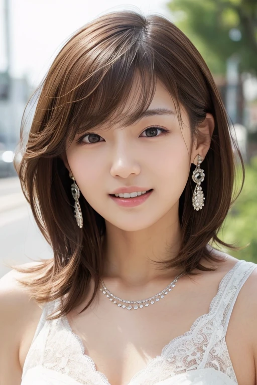(((masterpiece))), ((photo realistic:1.2)), full body, flat chest, Japanese girl, (no makeup, broad jawline, puffy face), Lace tiered dress, very light brown hair, Bobcut, messy hair, laugh out loud, earrings, necklace