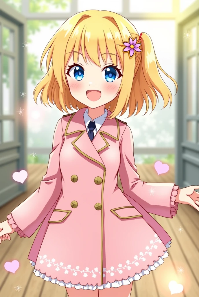 Screenshot of kimetsu no yaiba make a blonde haired girl with a small flower on her head with blue eyes and she is smiling widely she is wearing a pastel pink trench coat with white details on the bottom of the trench coat she has some hearts underneath she has the kimetsu no yaiba hunter uniform make it with the kimetsu no yaiba style