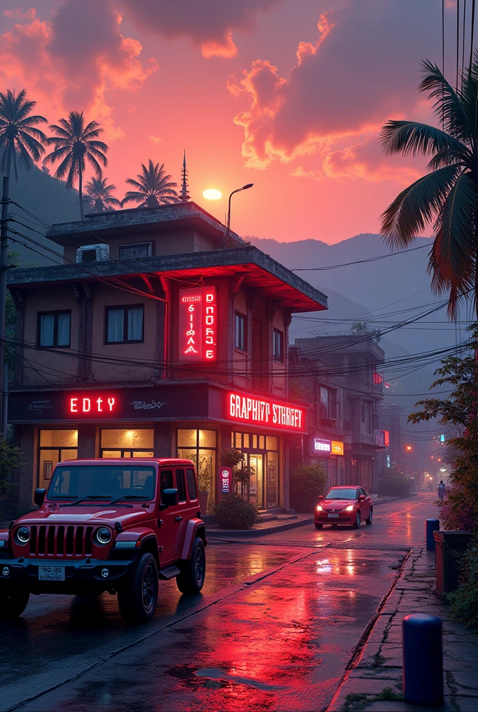 Big
Graphic design studio, Indian city street with studio, LED name board, JEEP parking in front it
,with grenaey hill background, orange evening sky rainy water on road anime in India