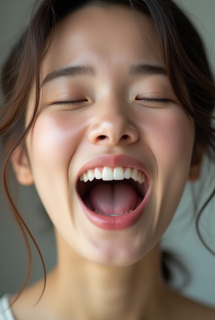 Thai woman, natural face, full lips, close eyes, wide open mouth, show tooth, closeup