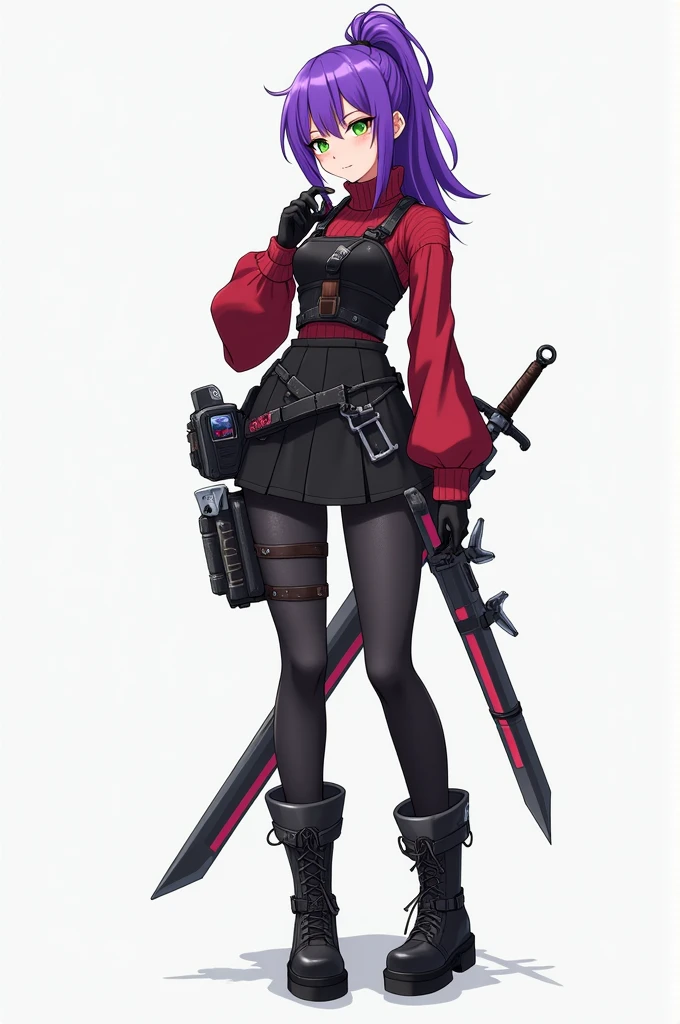 I want an image with the following characteristics.
Girl with purple hair that reaches her shoulders with some of her hair tied in a ponytail, a small black vest that reaches his ribs, below that a long-sleeved red sweater, tight skirt in the area of her legs black tights, long boots that reach 5 centimeters below his knees and a bionic eye in his left eye and his right eye of green color hook weapons on his right leg and on his left rib, a sword on his back and I want it full body please