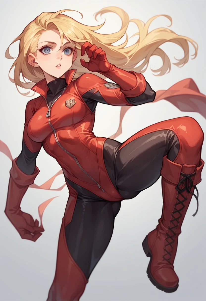 1girl, comics, long blonde hair, black and red costume, zip-up bodysuit, black sides, red gloves, red boots, sensual pose