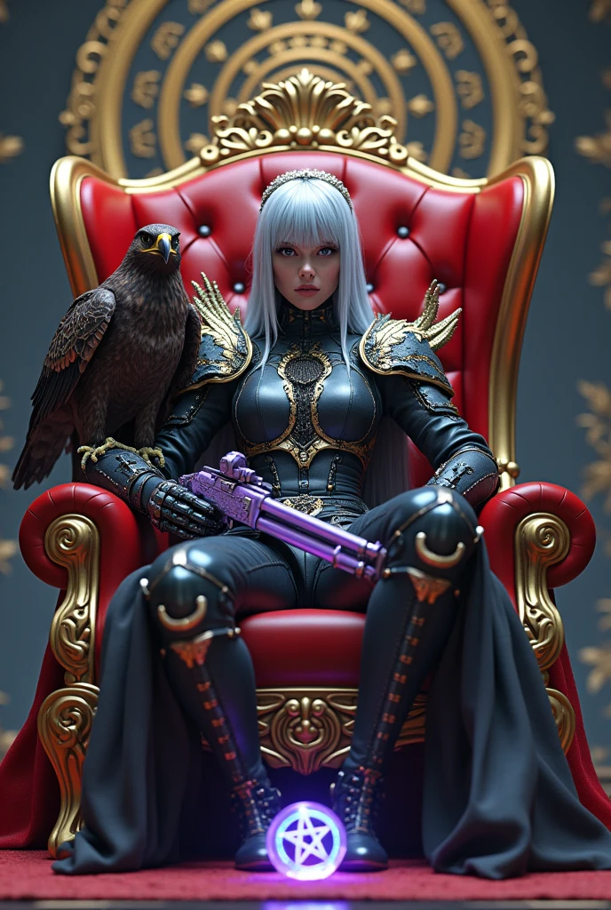 Surreal　Very detailed　Ultra Fantasy　Ultimate Details　Ultra-high resolution　8K 32k 3D 　Clear Eyes　Silver Hair　　Sit on a chair　A hawk sits on a skull　Holding a mysteriously designed shotgun in his right hand　Assassin　　Shoulder Pad Dragon　mechanical engineering　Mechanic Art　　.　intricate and elaborate design, money, gold　Silver　Silver Red　Black-purple　Dynamic pose　Robotics　Cinema Lighting　Demonic Spell Aura　Sit on a chair　　　Magic circle design　A large, luxurious amulet made of gold　Vivid Color　Mysterious shotgun in right hand　Girl　 Place a round, glowing, blue-purple crystal with a pentagram symbol on your lap　A gorgeous, devilish and cool tiara　The ultimate mysterious design　Satanism　Demonic Armor　Shooting from an angle　Mysterious Chair