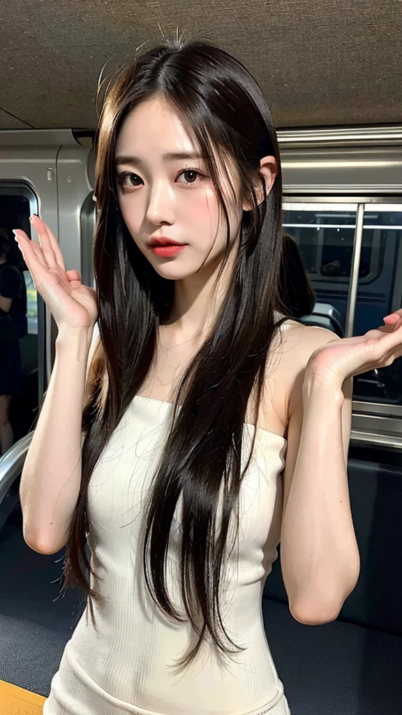 (masterpiece:1.3), (8k, Realistic, RAW Photos, Best image quality: 1.4), (Random Hairstyles:1.2)、(Highly detailed face)、Attention to detail、double eyelid、(Dark Eyes),(Sharp focus:1.2)、((whole body:1.5)),One Woman、Beautiful woman:1. 4,20-year-old woman、smile,Woman with a perfect body,Chest-length hair、Highest quality、masterpiece、Ultra-high resolution、(Realistic:1.4)、super high quality、Symmetrical face、The face is very realistic、Photo level、8k最高画質はフル、Sebaceous reflex、The face is very realistic、Extremely realistic skin、Realistic light and shadow effects、(Pure and elegant),Professional Lighting、Moody Writing,Fujifilm,((Shade,dim)),((Swayback stance)),(((Beautiful thighs))),((Recurve your hips back,Bend your waist)),((on the train,Holding on to the railing,Underarm)),((Raise your hands)),((I can see the side)),belly button,((Hands behind head))