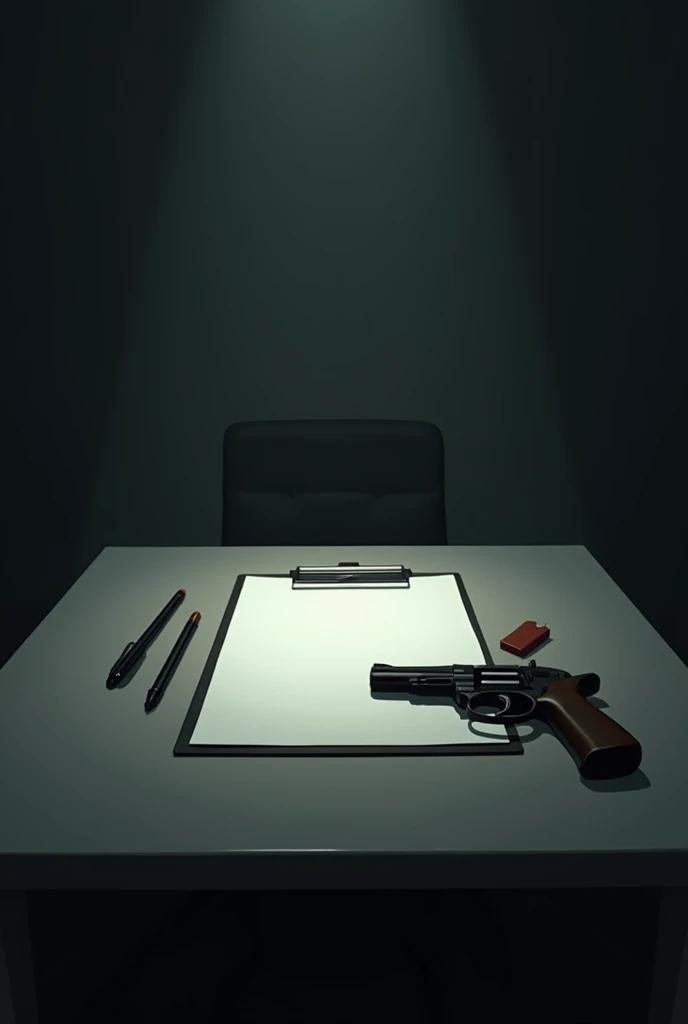 Blank clipboard on a table with pens and a gun next to it