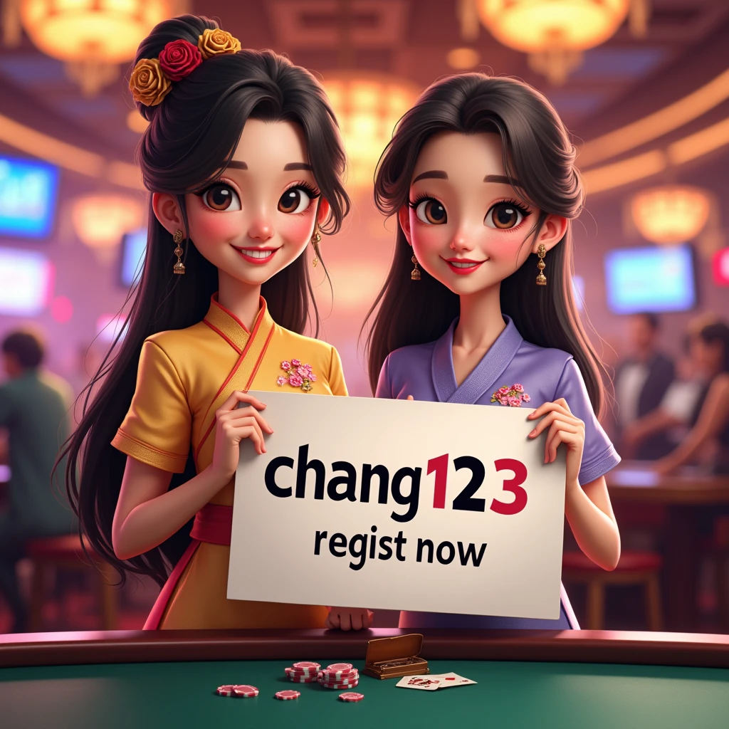 PG SLOT >> [chang123th.featuring] Direct web, upper body, two beautiful Thai women holding a sign "CHANG123 REGIST NOW" Cheerful, Happy, Casino Background, Thai Dress, Real Cartoon Pixar, Broken Chest, Standing Behind Poker Table, White Skin ,