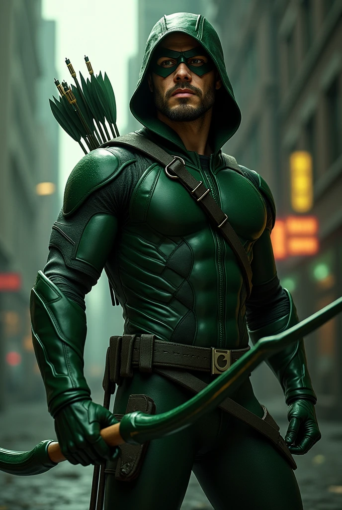 Create an image of the green arrow character with the clear face of Pablo Marcal