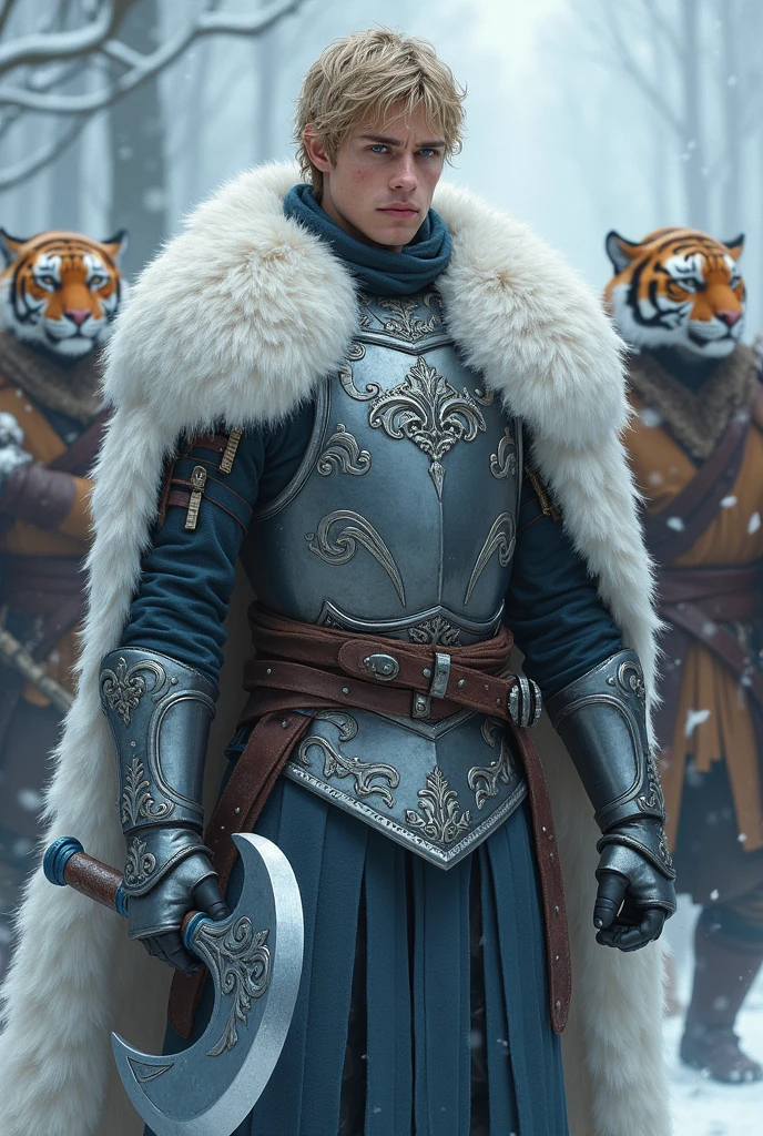 Young man between 20 and 2, rubio, blue eyes, tall and stoic, slim and athletic, of silver armor and a dark cyan leather gambeson, with saber-toothed tiger-headed men. Superficial scar on the right eye. From a cold climate with a tiger helmet, with a white fur coat and a one-handed axe of a silver-blue metal. Inspired by the Starks of Winterfell from A Song of Ice and Fire