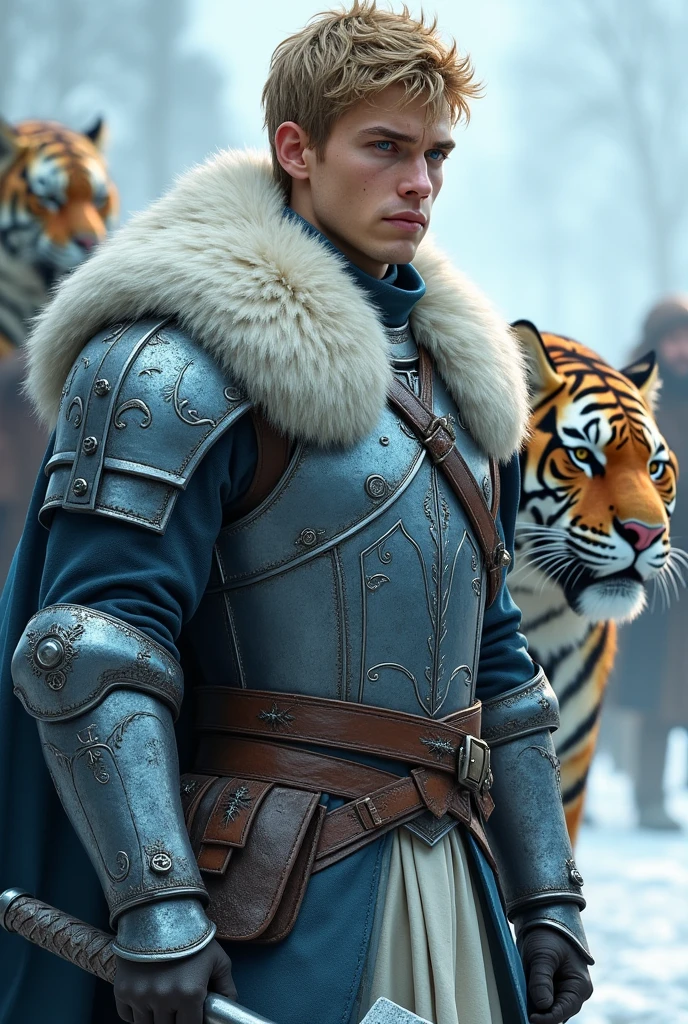 Young man between 20 and 2, rubio, blue eyes, tall and stoic, slim and athletic, of silver armor and a dark cyan leather gambeson, with saber-toothed tiger-headed men. Superficial scar on the right eye. From a cold climate with a tiger helmet, with a white fur coat and a one-handed axe of a silver-blue metal. Inspired by the Starks of Winterfell from A Song of Ice and Fire