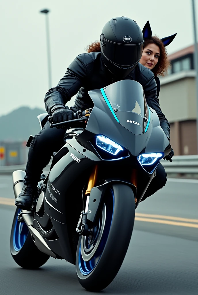 A man in motorcycle gear and helmet riding a black Ducati Panigale V4 with blue details and a woman on the back in motorcycle gear and helmet with black cat ears, only the woman with curly hair wears cat ears.