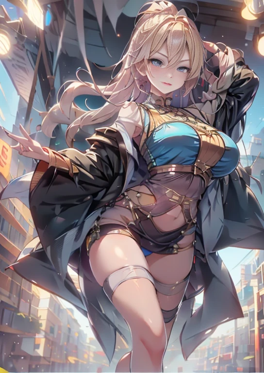 Valeria, a titanic 58-meter goddess, rises from a cliff at dawn, her bronze skin glistening in the first rays of the sun. Her golden, wavy hair cascades down her back and shoulders. Standing on a vast plain, her posture is firm and provocative, one leg slightly forward and one hand resting on her hip. Her piercing, lustful eyes watch the people at her feet, captivated by her magnetic presence. Her lips curl into a seductive smile and her divinely sculpted body exudes an aura of overwhelming eroticism, casting a spell of desire and adoration over all who gaze upon her.