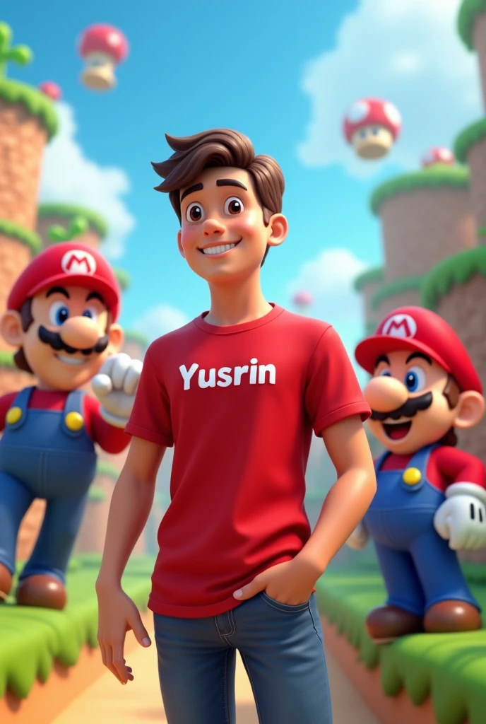 A man 20 years old wearing red t-shirt lebeled Yusrin and partner friends Mario, games super Mario background 3d